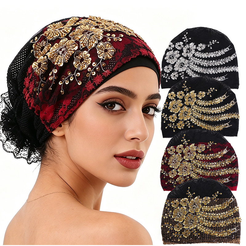 Nouveau Turban en dentelle florale brodée pour femme, Foulard musulman, Bonnets, Hijabs intérieurs prêts à porter
