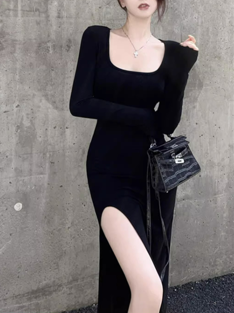 Robe Sexy fendue sur le côté pour femmes, moulante, portefeuille sur les hanches, au-dessus du genou, manches longues, noire, moulante de rue, printemps automne