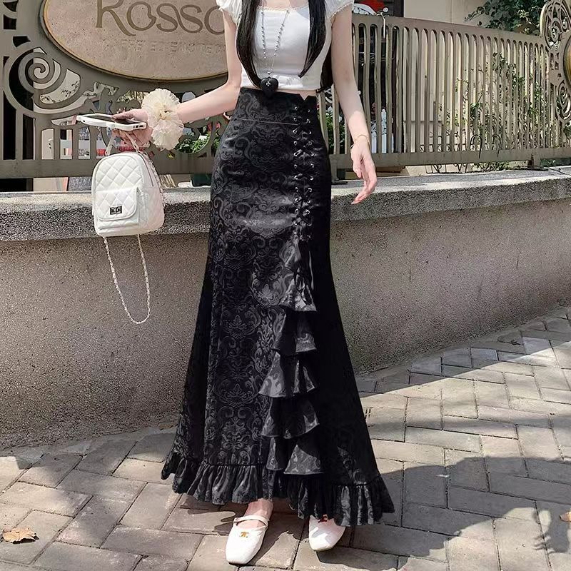 Femmes jupe Midi printemps été coupe ajustée taille haute jupe longue Vintage à lacets volants rose gothique mode coréenne jupe vêtements