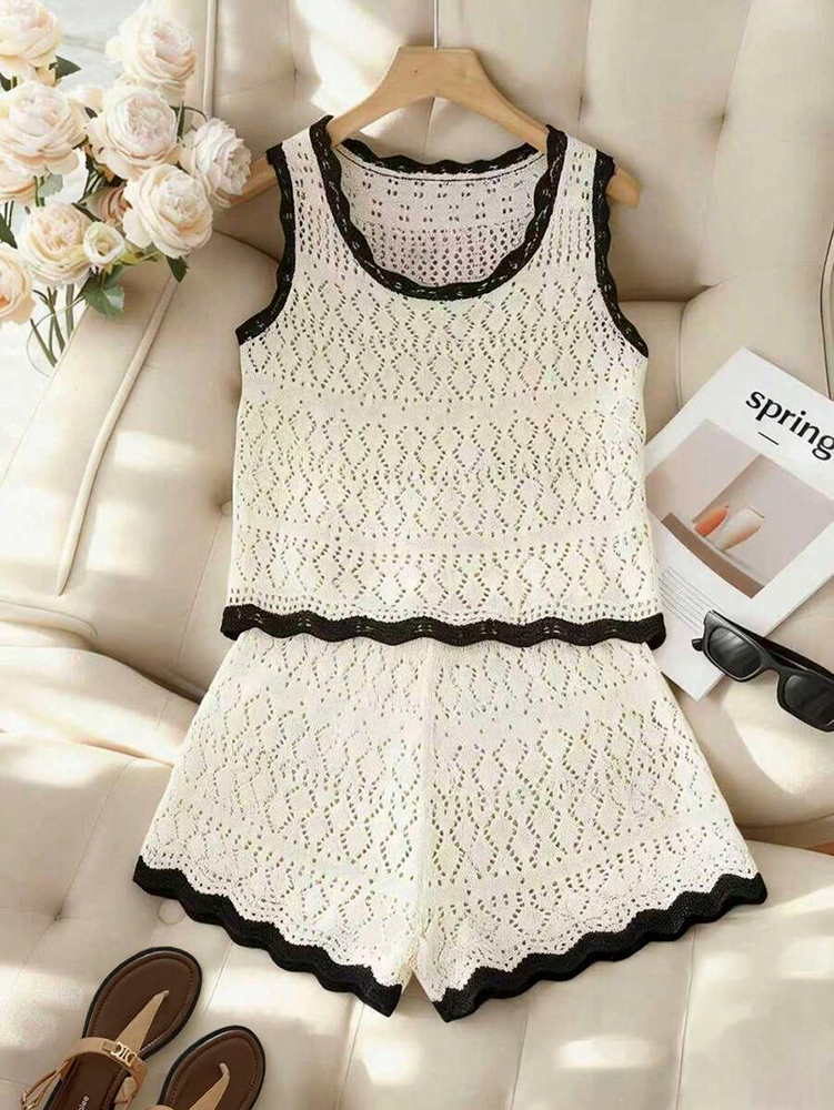 Style vacances d'été à la plage : Ensemble 2 pièces sexy pour femme, débardeur et short en maille sans manches, col ondulé, ajouré et color-block
