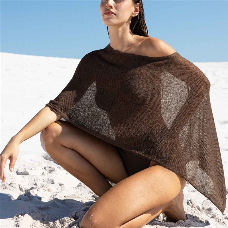 Hauts à épaules dénudées, chemise asymétrique en tricot transparent, Poncho haussement d'épaules, pull châle, vêtements de plage pour vacances d'été