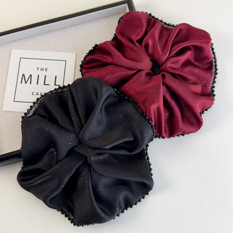 Chouchous en Satin brillant pour cheveux, étoile rétro, surdimensionné, perles en dentelle, bandeaux pour femmes, corde de tête élégante, cravate pour cheveux, accessoires de fête pour dames