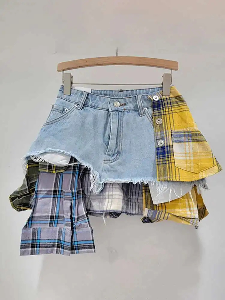 Jupe en jean pour femmes, Patchwork à carreaux colorés, déconstruit irrégulier, ligne a, taille haute, Mini jupe, nouvelle mode été 2025, Vintage