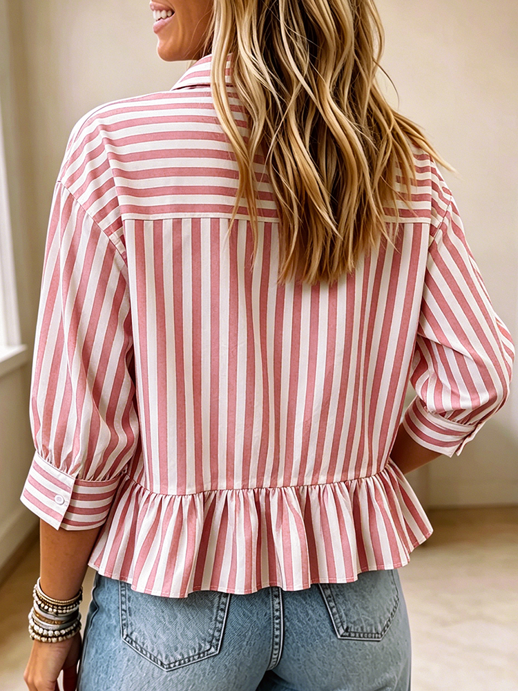 Haut à rayures décontracté, simple, élégant et charmant, polyvalent pour tous les jours, idéal pour les trajets quotidiens, col rabattu à boutons, chemise à manches trois-quarts, vêtement pour femmes.