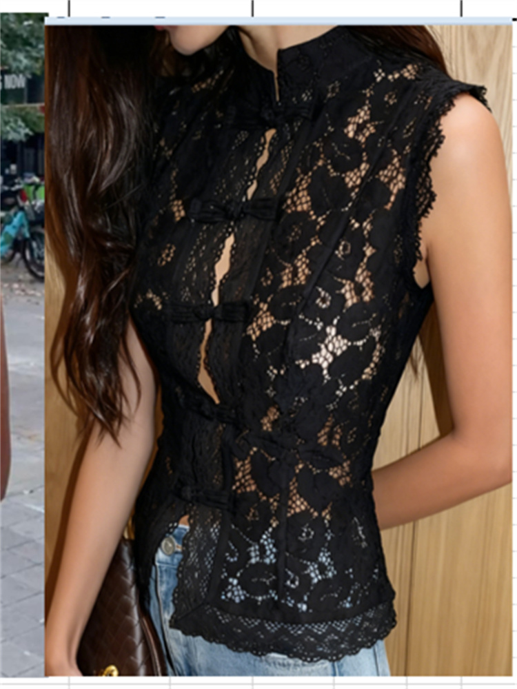 Gilet en dentelle sans manches sexy Y2K pour femmes, élégant, col haut, épaules dénudées, transparent, boutonné, hauts fins, veste de vacances pour femmes, veste de rue