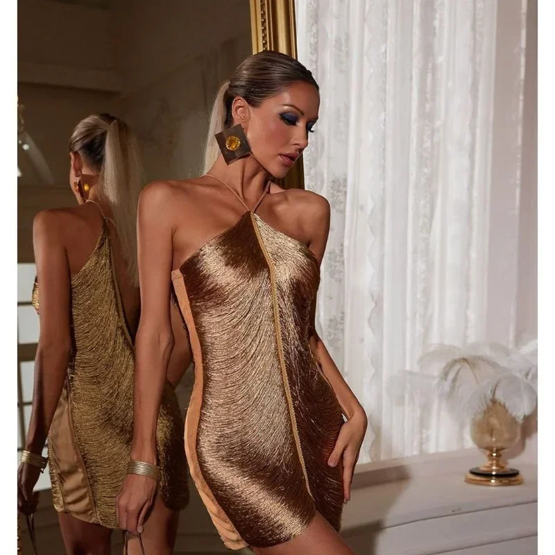 Frange col en v Mini robe licou robes femmes élégant découpé robe courte mode Patchwork asymétrique gland décor robes
