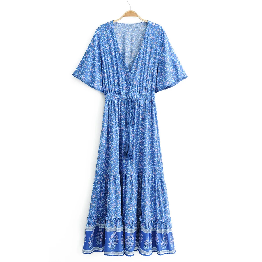 Robes Maxi en Coton Bleu Rayonne pour Femmes, Imprimé Floral, Sexy, V Profond, Boho, Été, Ample, Hiphélicoptère, Longue, Éducative