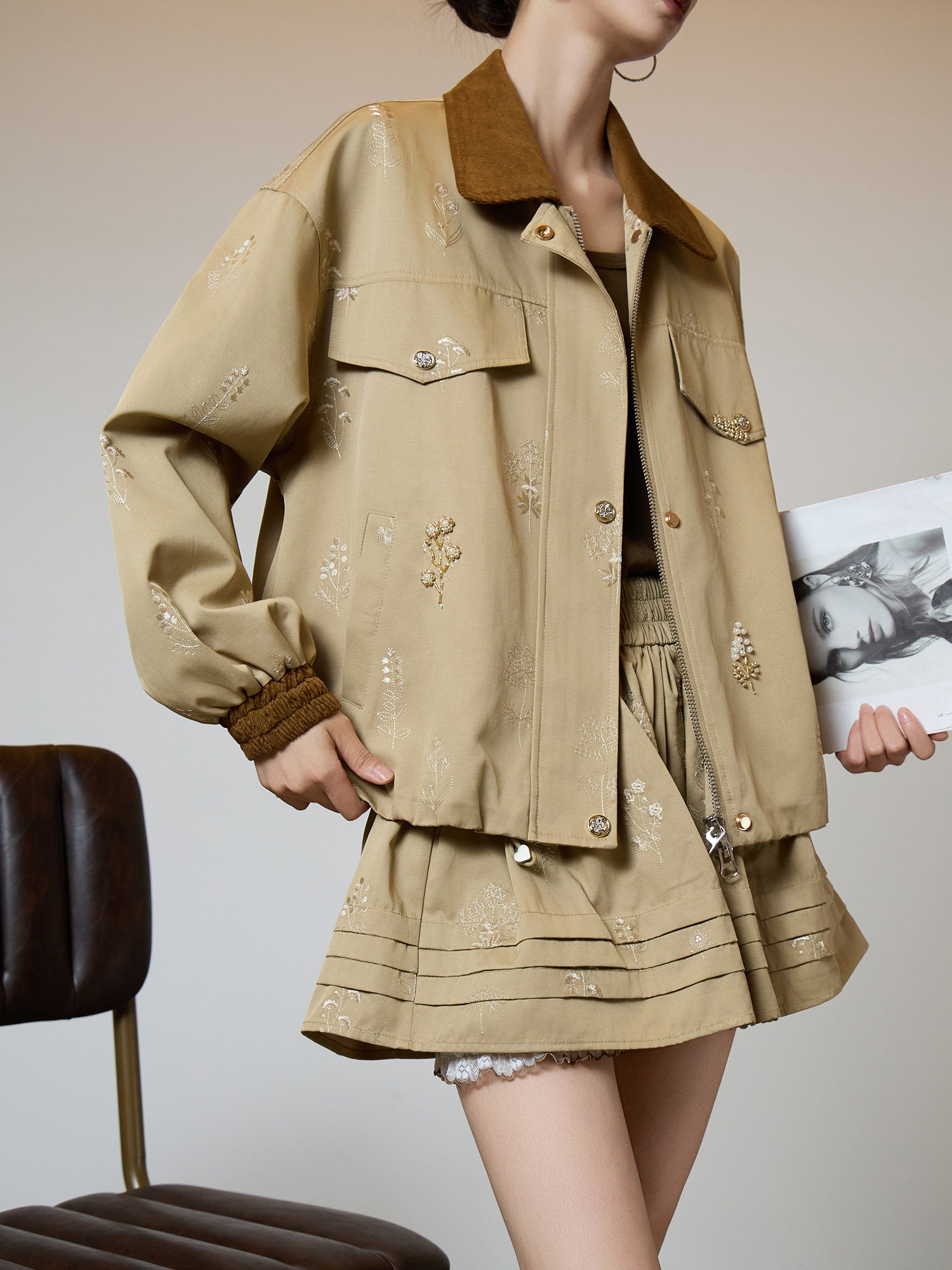 Veste Courte Brodé pour Femme, Manteau Utilitaire Vintage, Coupe Ample Décontractée, Vêtement de Travail Printemps-Automne, Tendance Mode