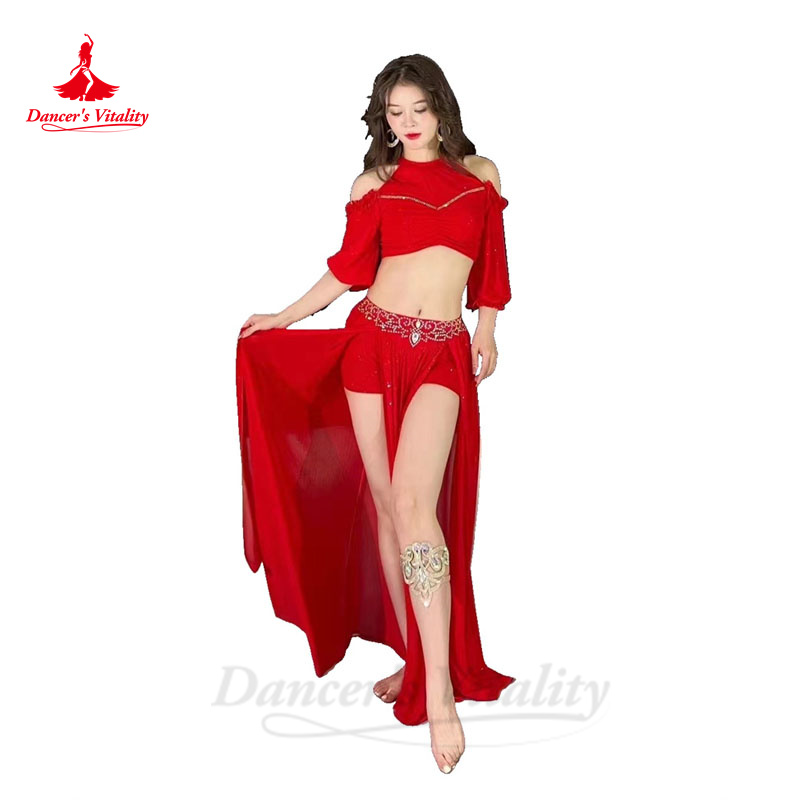 Ensemble de costumes de danse du ventre pour femmes, haut en gaze à demi-manches + jupe fendue avec pierres AB senior, tenue de danse du ventre orientale pour adultes, 2 pièces