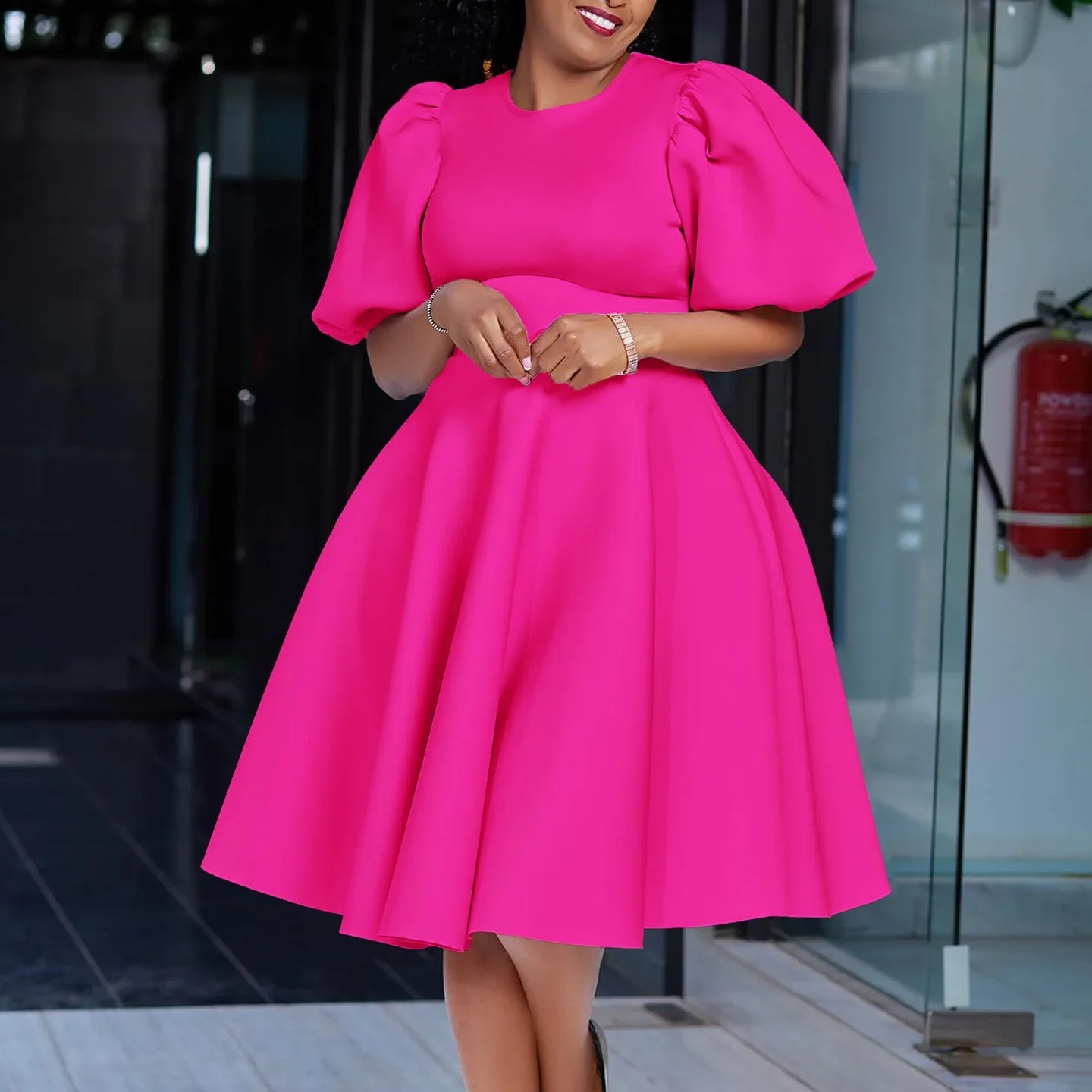 Robes élégantes pour femmes, col rond, manches courtes, taille haute plissée, mi-mollet, luxe féminin, fête d'anniversaire, robe éducative, 2024