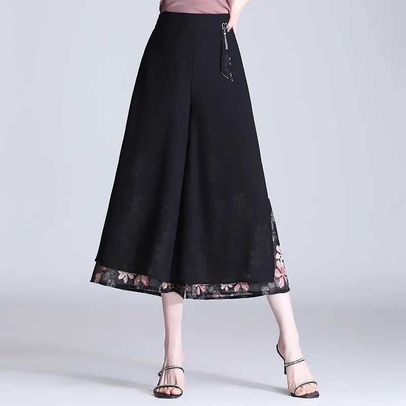 Pantalon capri imprimé noir pour femme, pantalon large en mousseline de soie mince, taille haute, pantalon baggy décontracté vintage, mode coréenne, été, 3XL
