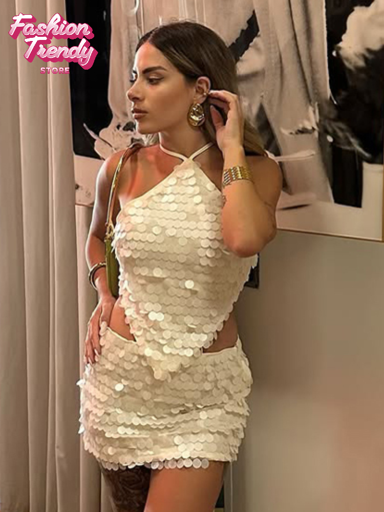 Ensemble jupe 2 pièces à sequins pour femme, sexy, col halter, dos nu, découpes, ourlet irrégulier, jupe courte moulante, tenue de soirée