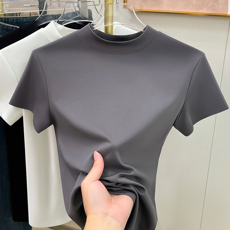 T-shirt manches courtes femme, décontracté, couleur unie, Slim Fit, élégant, basique, col mi-haut, Simple, été