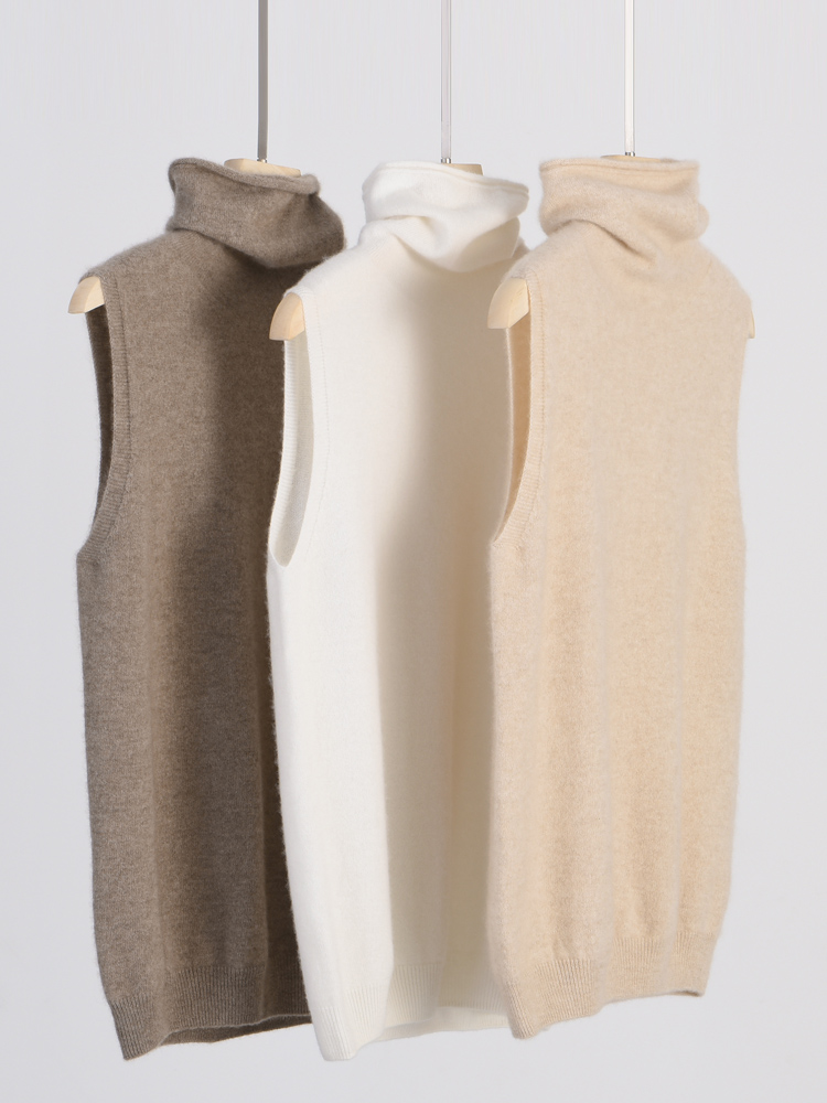 Pull à col roulé sans manches pour femme, gilet 100% laine mérinos, basique, tricoté doux, haut de Style coréen, automne hiver