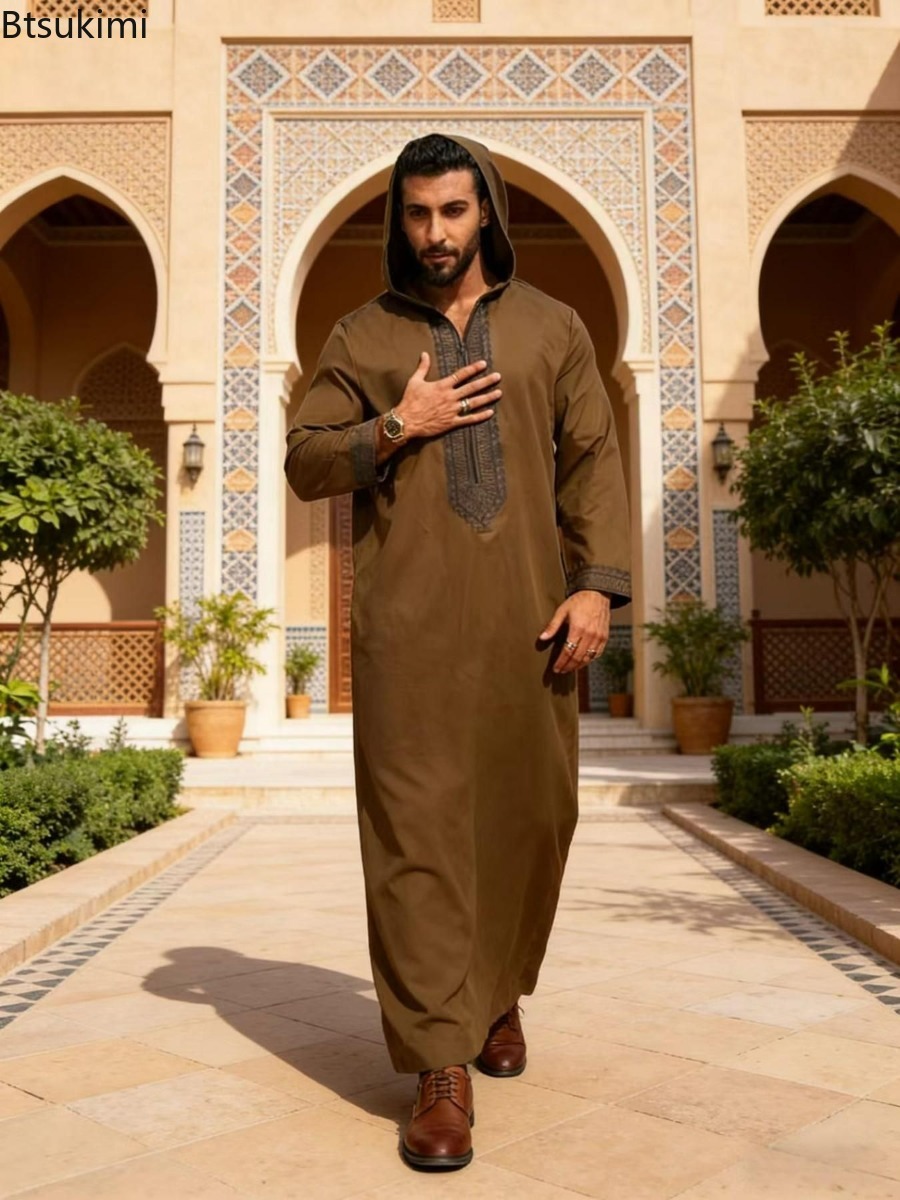 Nouvelle Robe Longue Homme Jubba Thobe Broderie Abayas à Capuche Moyen-Orient Musulman Solide Modeste Maroc Dubaï Abayas Printemps Épissées