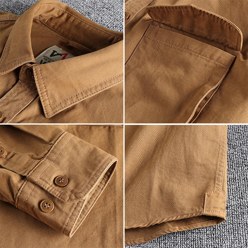 Chemise de travail pour hommes, kaki, lavage rétro, couleur unie, poche tridimensionnelle, tendance, veste ample, nouvelle collection automne 204