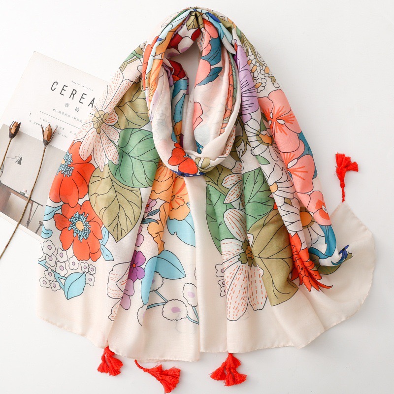 Châle Foulard en Viscose à Motif Floral Pétale et Pompon, Style Espagnol, pour Femme, Imprimé de Haute Qualité, Doux, Pashmina, Étole, Hijab Musulman, 180*90 cm