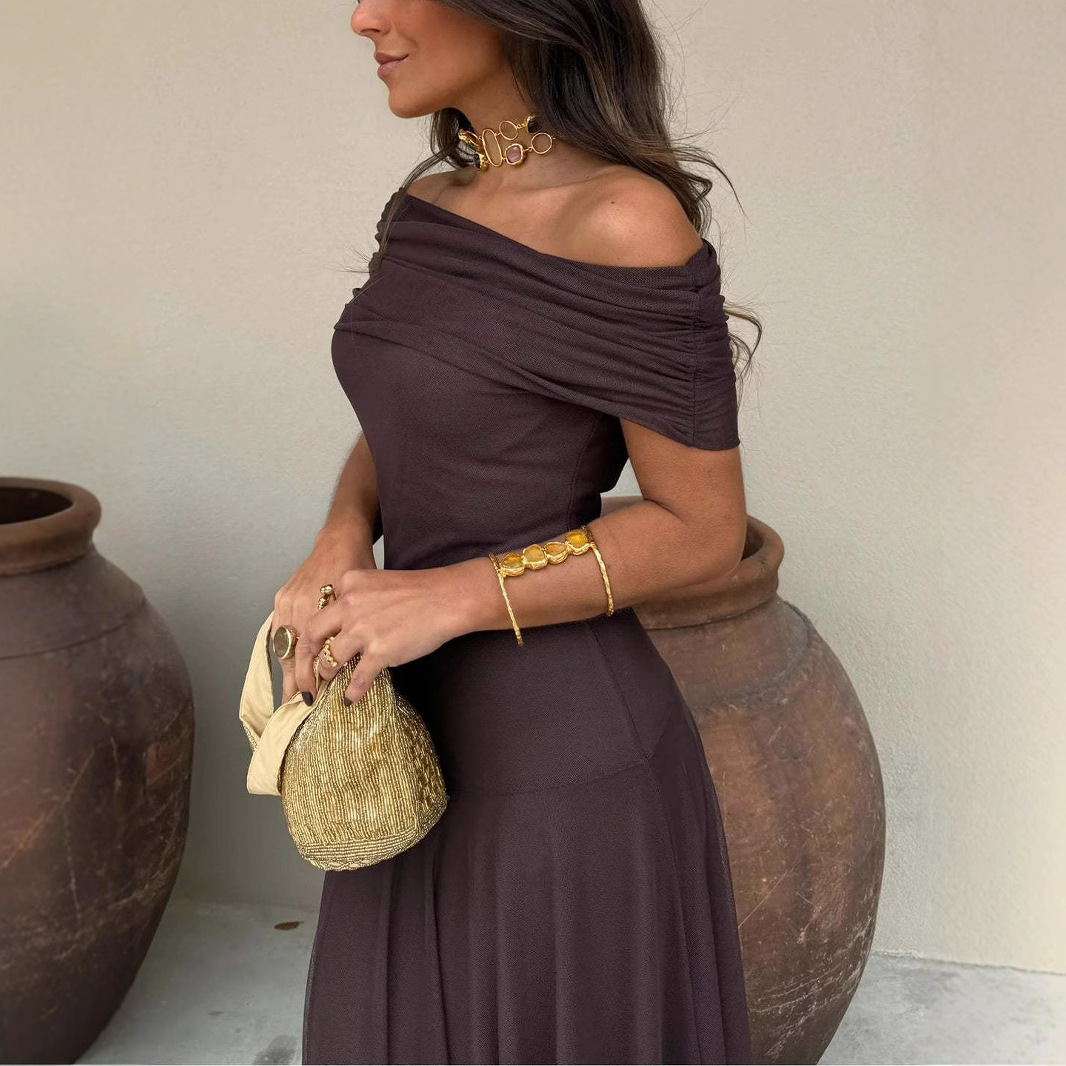 Robe bandeau d'été, robe maxi élégante drapée à épaules dénudées, robe de soirée ajustée style vacances