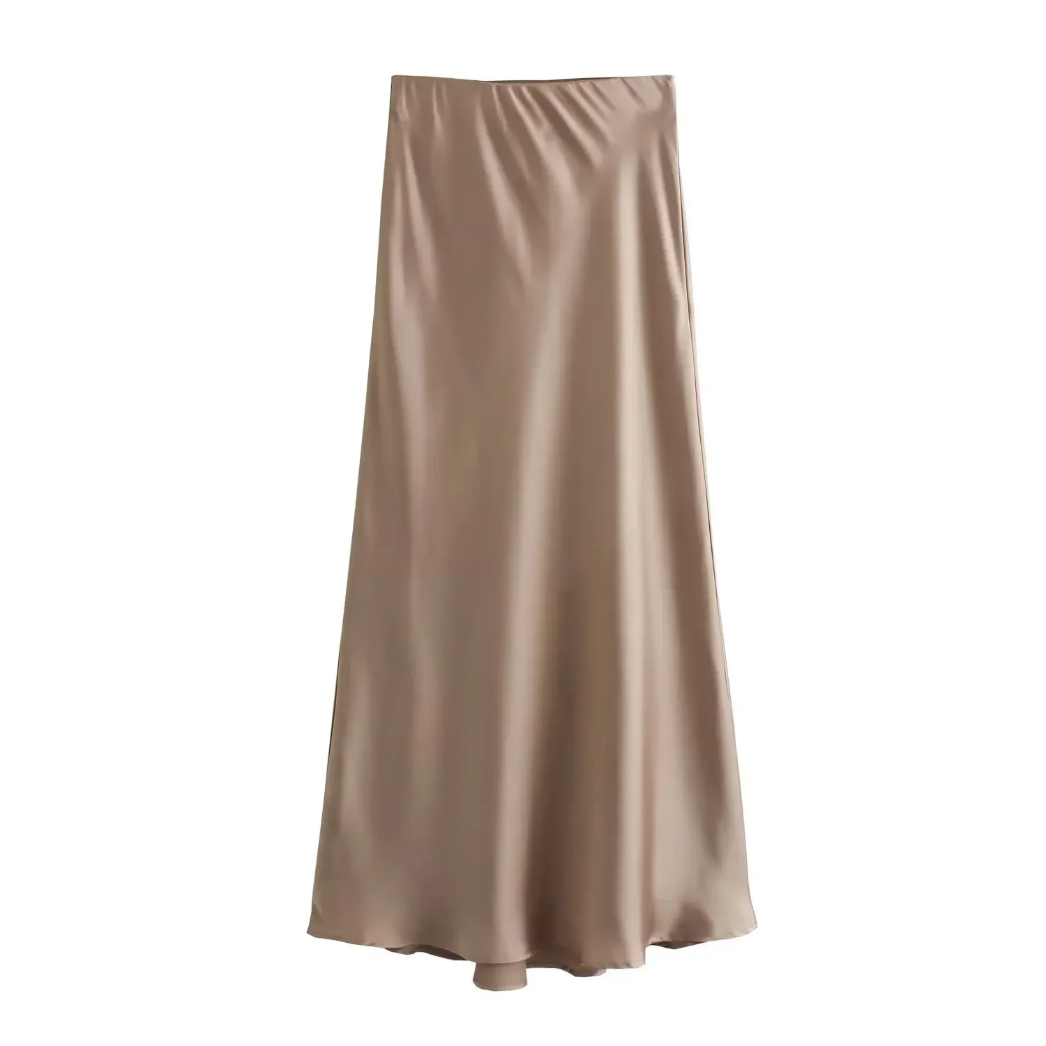 Jupes mi-longues en Satin fluide pour femmes, taille haute élastique, soyeuses, longues, couleur unie, jupes droites de base pour femmes, mode Chic