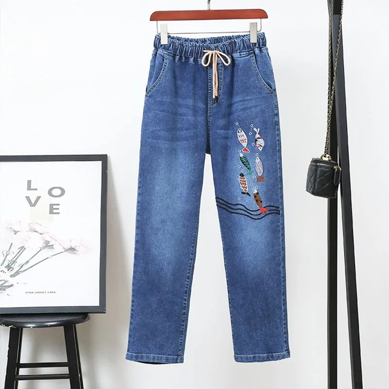 Jean femme d'âge moyen printemps automne taille extensible pantalon en Denim droit grande taille ample taille haute décontractée noir bleu pantalon