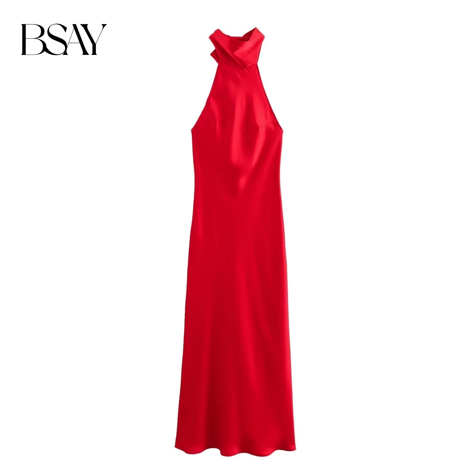 BSAY – robe mi-longue pour femmes, mode automne 2023, nouveau nœud, Sexy, dos nu, français, élégant, col licou, Texture Satin, robes mi-longues