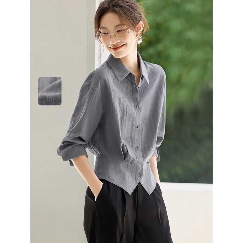 Chemisier élégant à manches longues pour femme, col à revers, coupe ajustée, idéal pour le bureau, respirant, pour l'été et le printemps