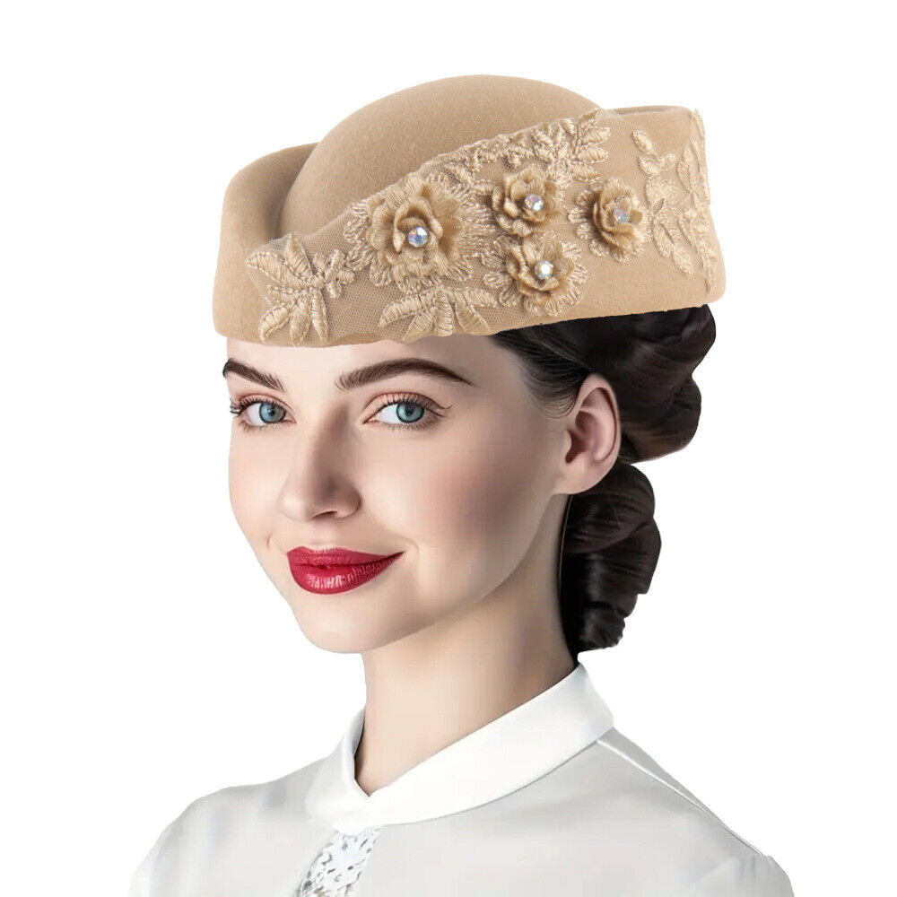 Chapeau Turban en feutre élégant, Vintage, strass, fleur, béret d'église, chapeau pour femmes, hôtesse de l'air, casquette de Cosplay, accessoire de Costume