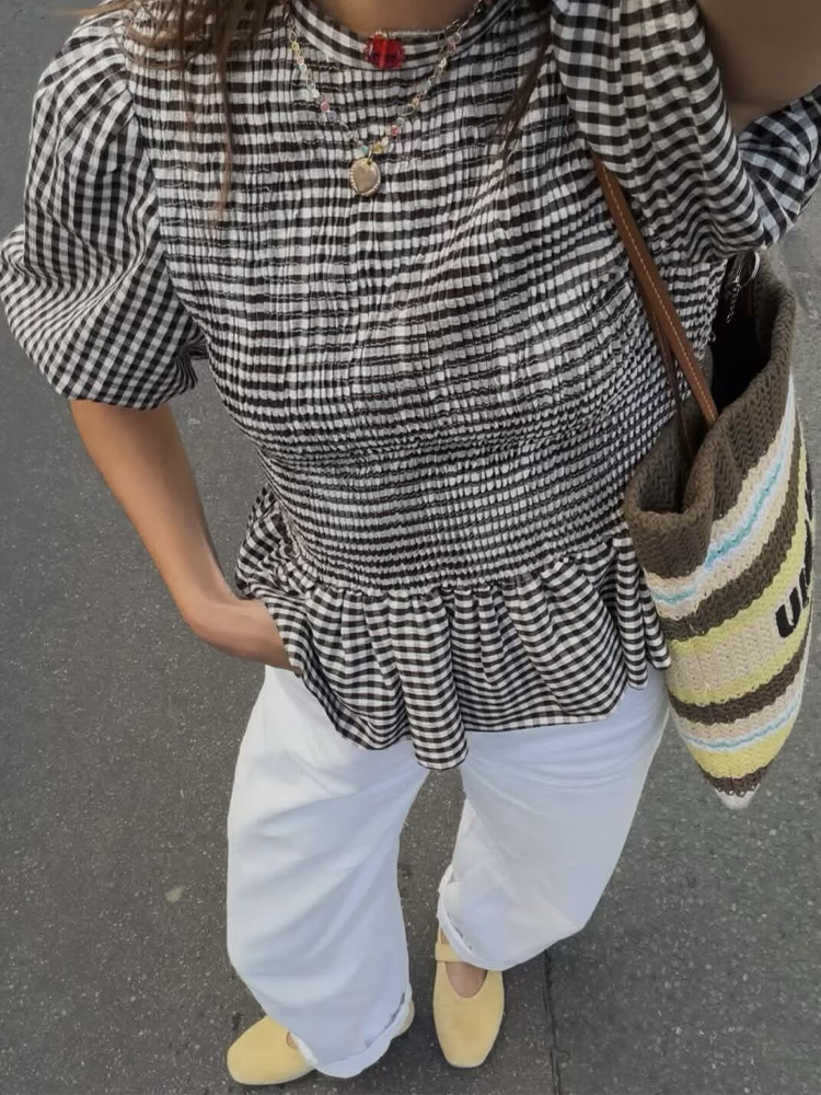 HH Chemise Vintage à Carreaux pour Femme, Élégante, à Manches Bouffantes et Col Rond à Volants, Haut Chic, Mode Féminine Été 2026, Tenue Urbaine et de Bureau