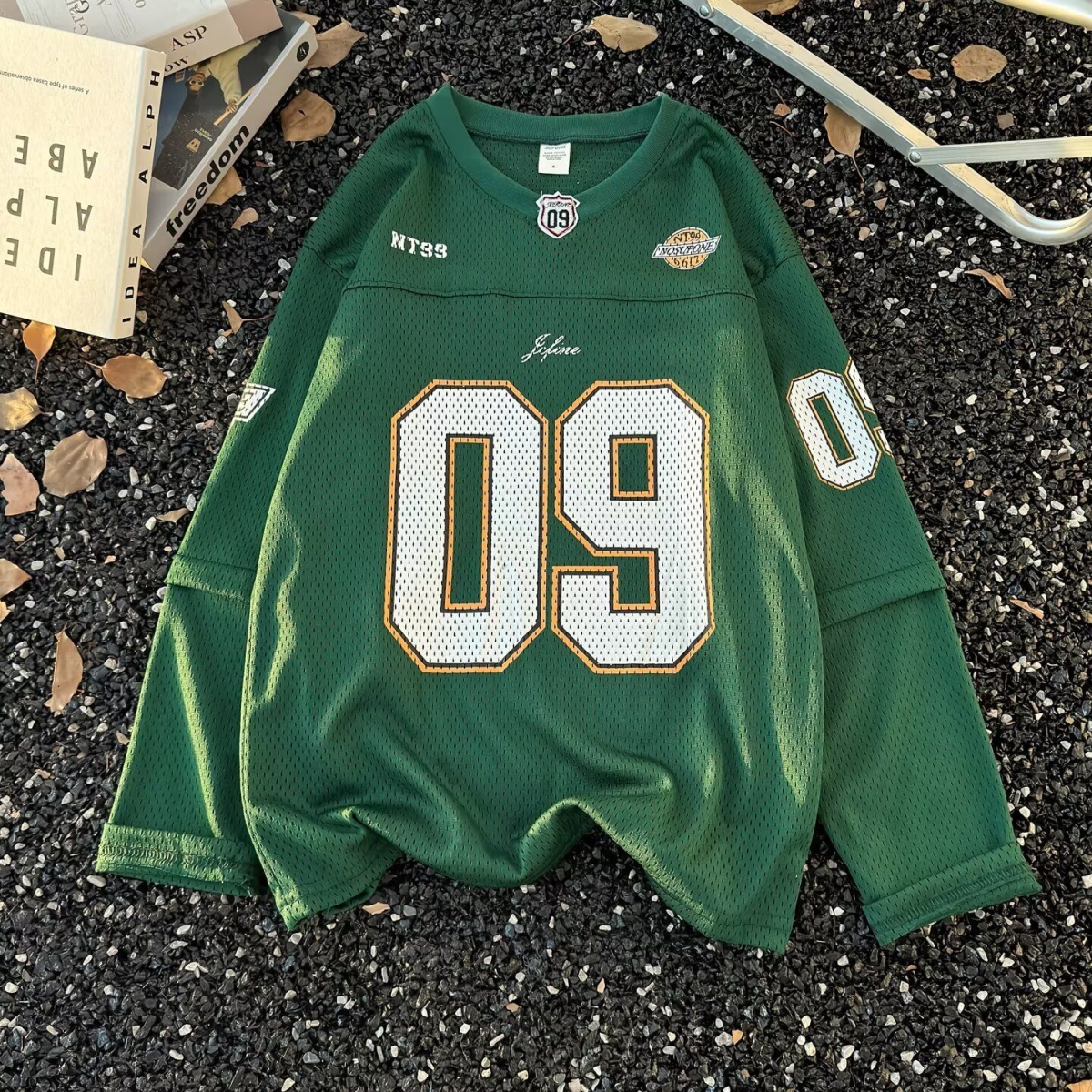 Maillot de football unisexe en maille à manches longues, effet deux pièces, avec motif 09, col en V, coupe ample, style Hip-Hop Street Sport, hauts pull-overs