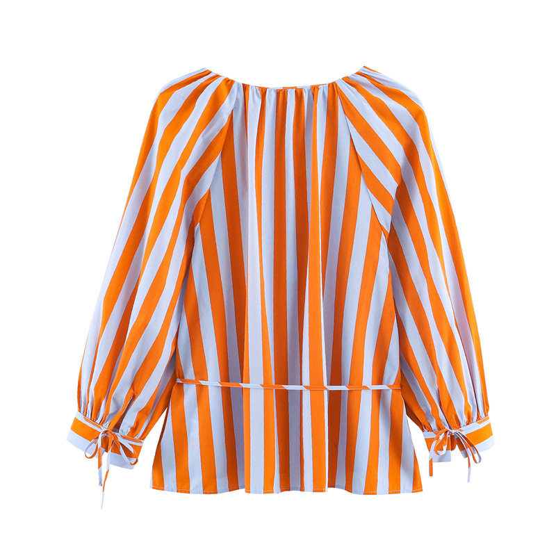 Ensemble 2 pièces pour femmes, chemisier à manches longues à col en V rayé orange, robe midi à volants avec bretelles spaghetti et nœud, ensemble assorti décontracté pour les vacances