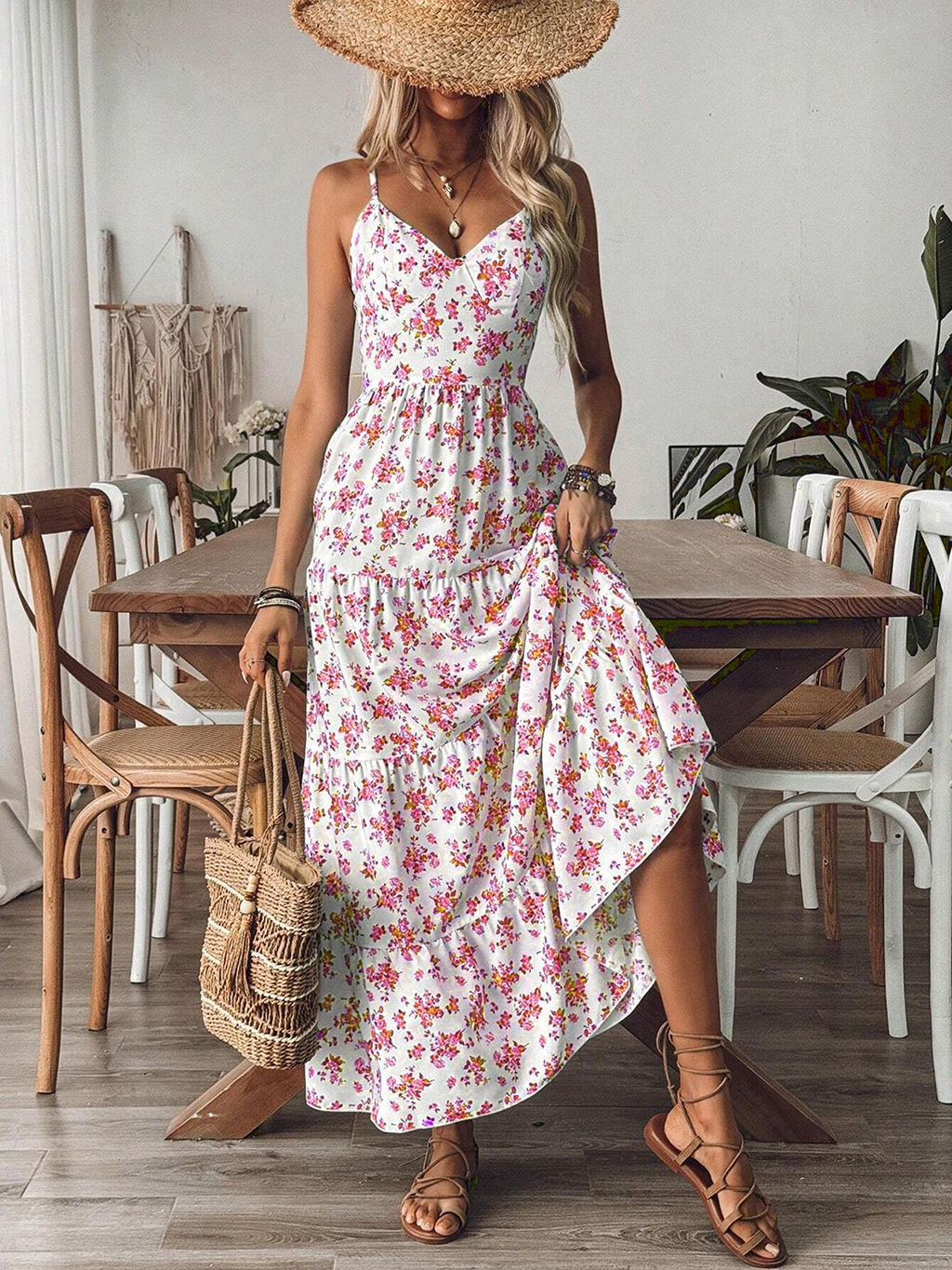 Robe longue d'été pour femme, bleue à motifs floraux, à fines bretelles, avec nœud à nouer au dos, à volants étagés, style bohème, pour la plage et les vacances décontractées