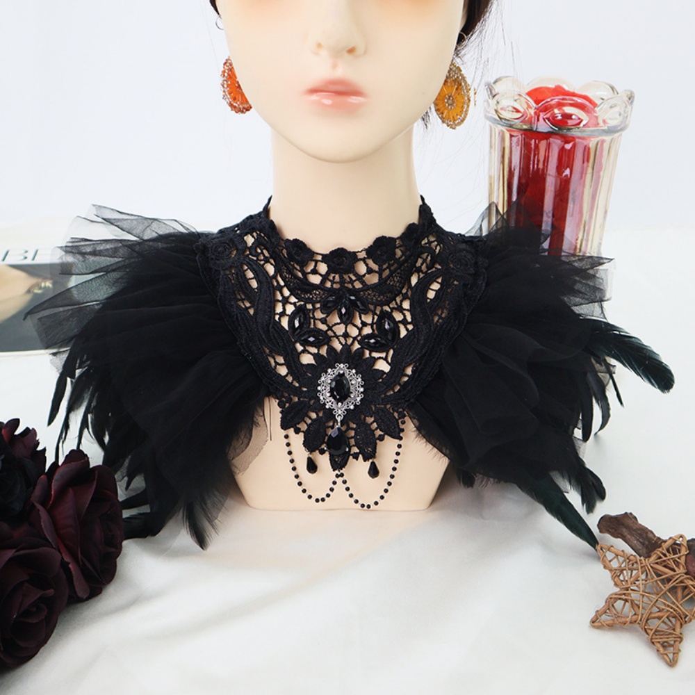 Châle gothique en dentelle brodée de plumes, cape de sorcière d'halloween, écharpe enveloppante de cou noire, Bracelet, accessoires de Costume de Cosplay d'halloween