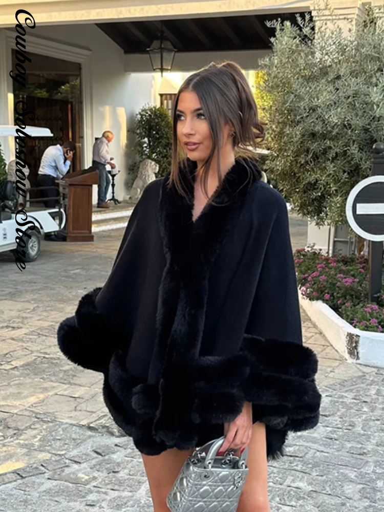 Poncho élégant en fausse fourrure pour femme, cape ample et chaude à col en V, manteau court d'automne, nouveau style décontracté chic de rue, manteaux chauds d'hiver, 2026