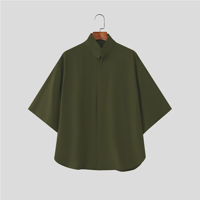 Chemise décontractée pour homme style japonais à col montant et manches courtes, coupe ample et oversize, couleur unie, boutons cachés, légère, streetwear
