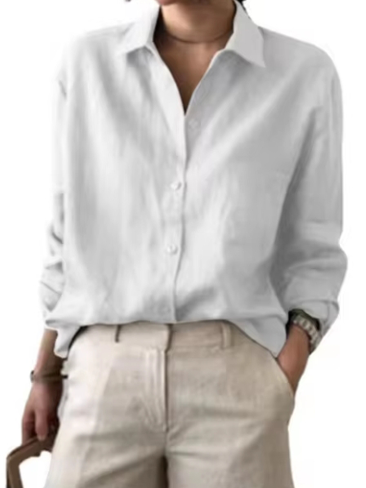 Chemisier en lin boutonné pour femme, coupe ample, manches longues, couleur unie, style décontracté, idéal pour l'été, la plage ou le bureau