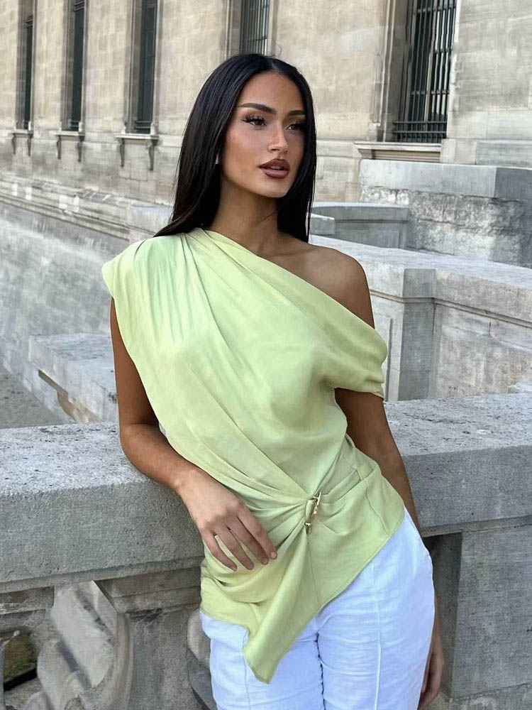 HH femmes mode d'été Sexy soie Segment Texture asymétrique haut sans manches femme élégant polyvalent or incrusté haut plissé
