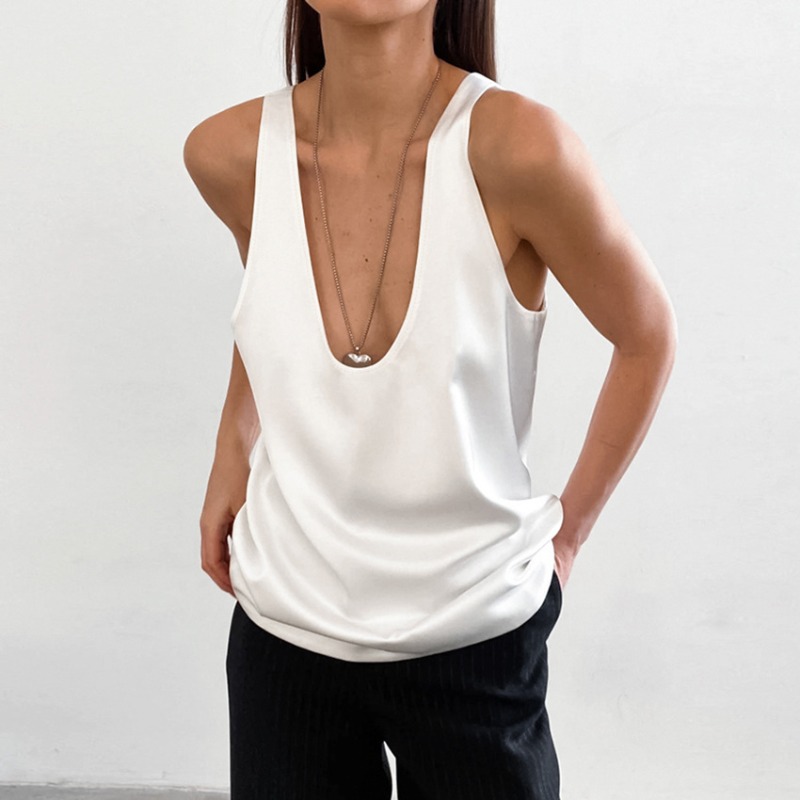 2026 Débardeur en satin uni pour femme, sexy, col en V profond, ample, en soie glacée, style camisole, simple, décontracté, pour l'été et le quotidien