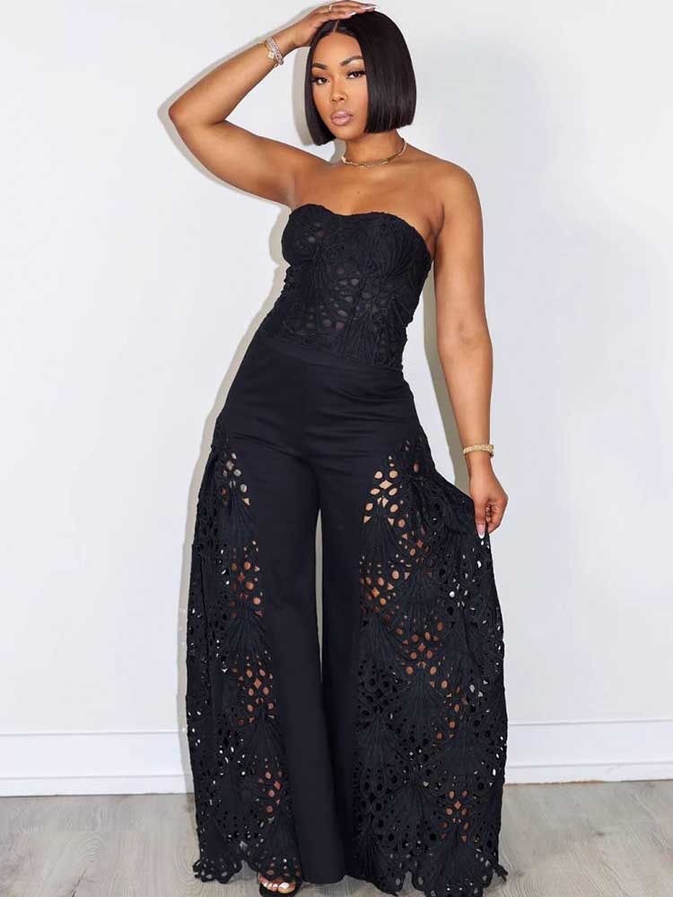 Ensemble deux pièces en dentelle pour femmes, vêtements élégants, col en V, Sexy, sans bretelles, haut court et pantalon à jambes larges, ajouré, été