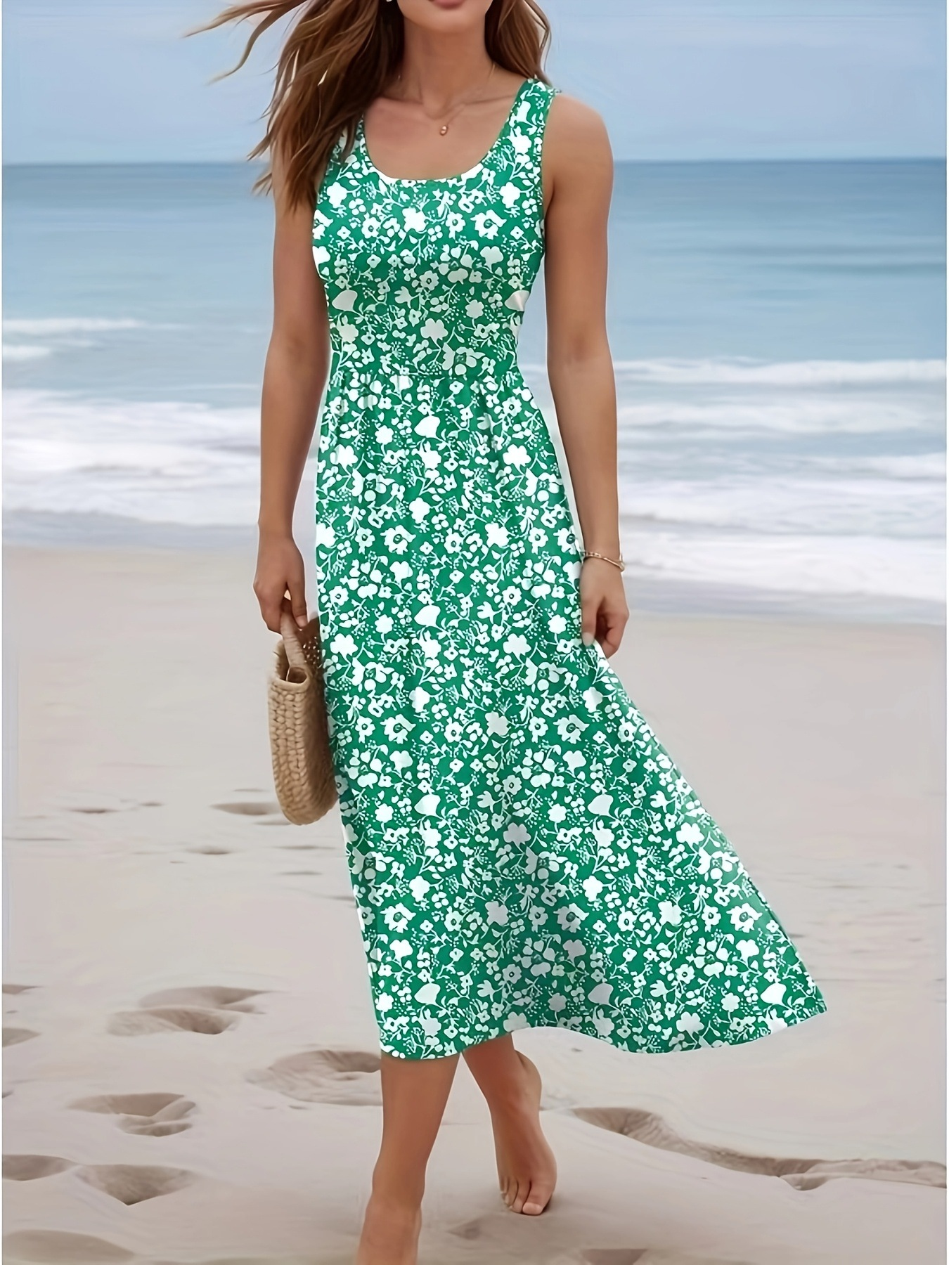 Robe longue d'été sans manches pour femme, col en U, imprimé floral bohème, fluide, décontractée, pour la plage et les vacances