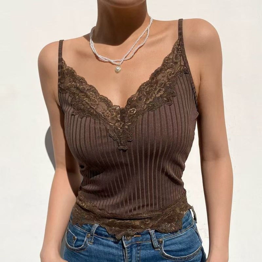 Débardeur en dentelle sans manches pour femme, col en V, sexy, basique, camisole tricotée à fines bretelles, pour filles