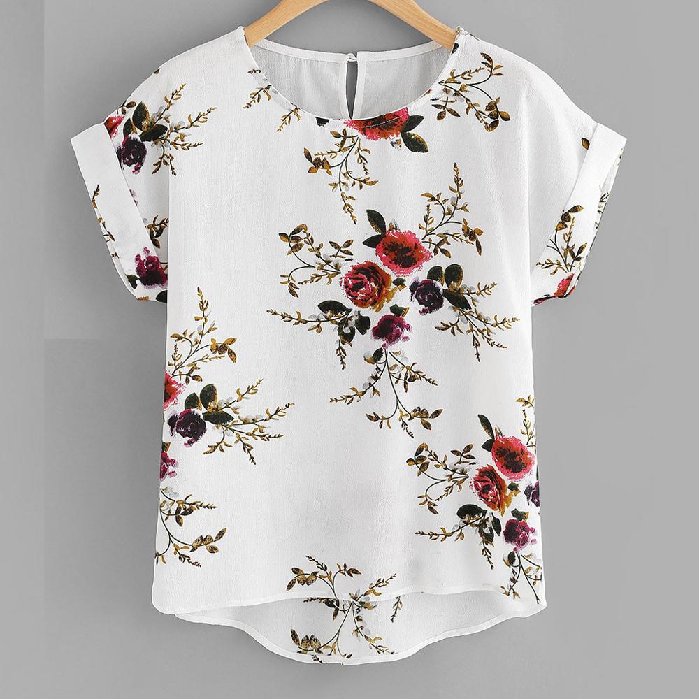 Mode d'été imprimé fleuri Blouse pull dames col rond t-shirt hauts femme chemise à manches courtes Blusas Femininas vêtements
