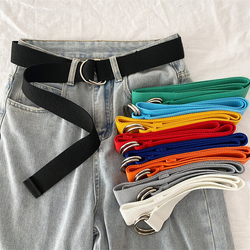 Ceinture en toile de mode couleur unie tendance alliage Double anneau boucle ceinture en plein air décontracté hommes et femmes jean décoration ceinture
