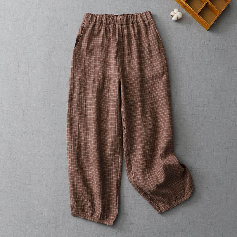 Pantalon en coton et lin à carreaux, ample, décontracté, Vintage, mode coréenne, Harajuku, vêtements pour femmes, Bloomers, lanterne, Baggy