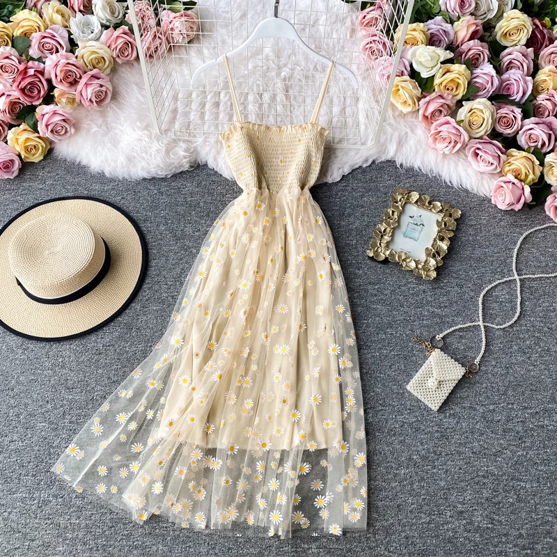 Robes à imprimé floral pour femmes, robe en maille de dentelle, robe à bretelles spaghetti, soirée de fête, coréen Kawaii, éducatif, été, sexy