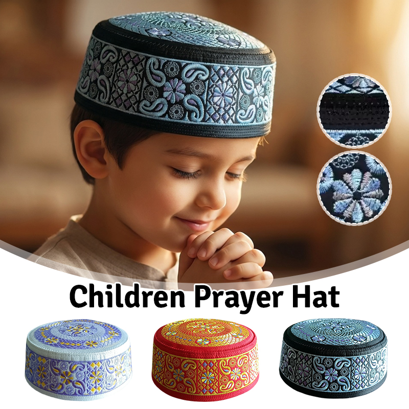 Chapeau plat brodé ethnique pour enfants, accessoire de costume, chapeau de prière musulman, hijab islamique, casquettes de prière turques arabes pour l'Aïd