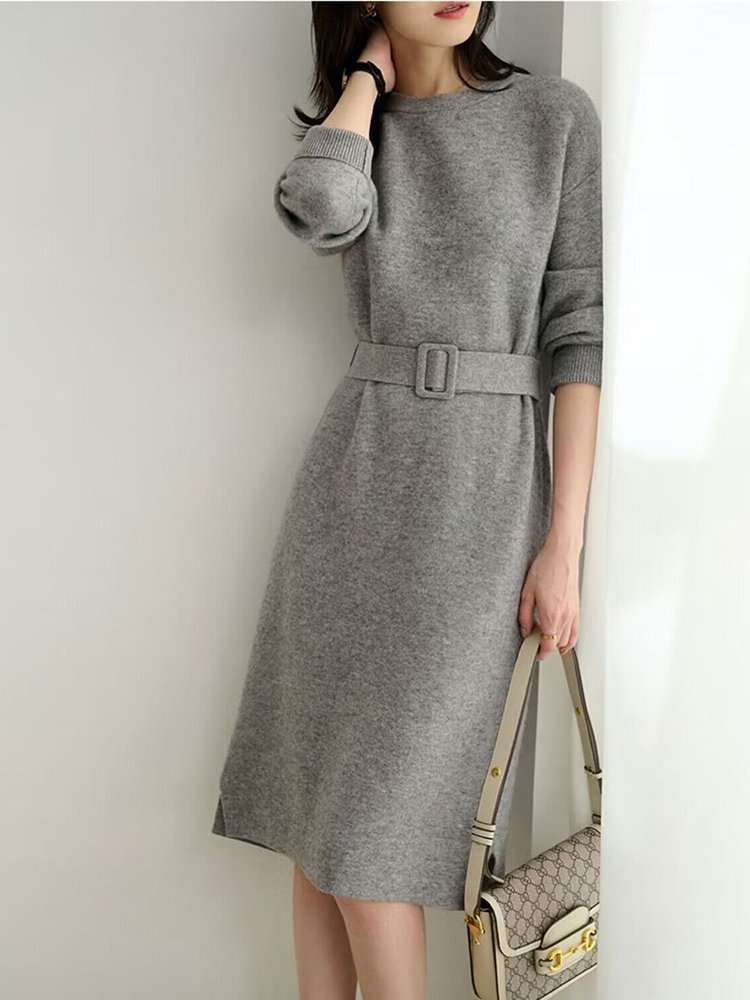 Robe tricotée mi-longue pour femmes, col rond, manches longues, tenue de soirée élégante, rose, gris, ligne a, pull, automne hiver 2023