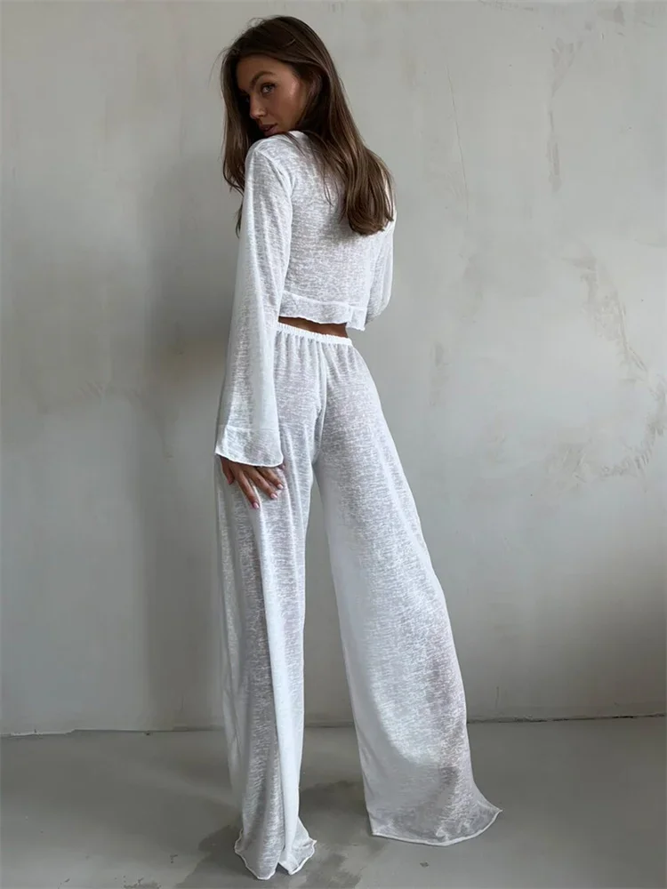 FJFor-Ensemble 2 pièces pour femme, haut à manches longues et col en V, pantalon taille haute à lacets, tenues décontractées pour femme, mode