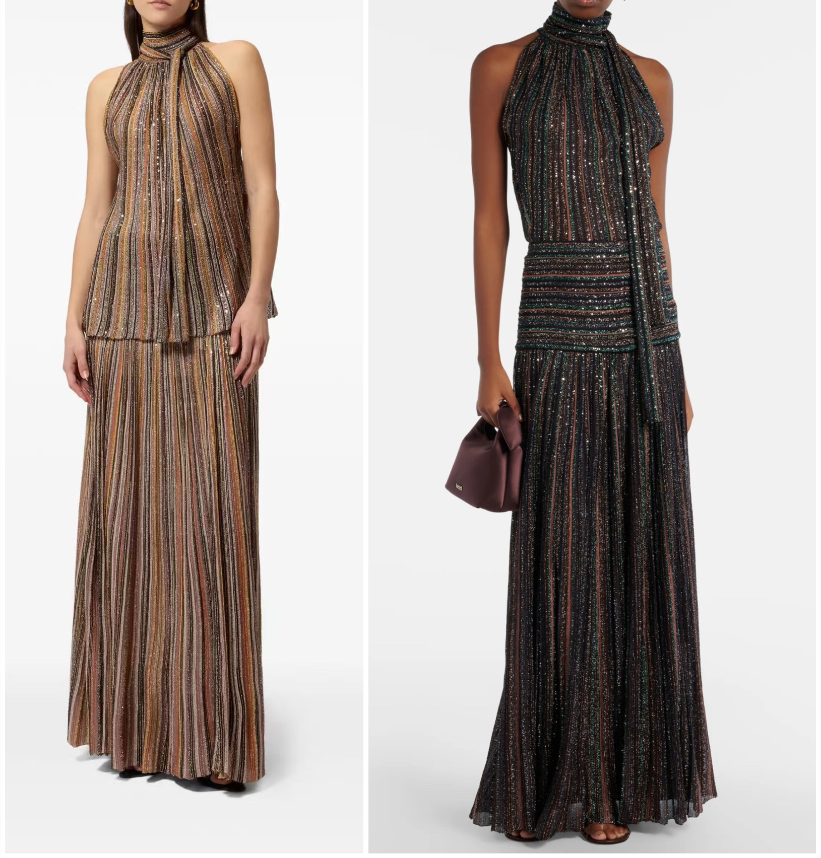 Ensemble haut sans manches à col roulé avec ruban et sequins pour femme + jupe longue à taille élastique