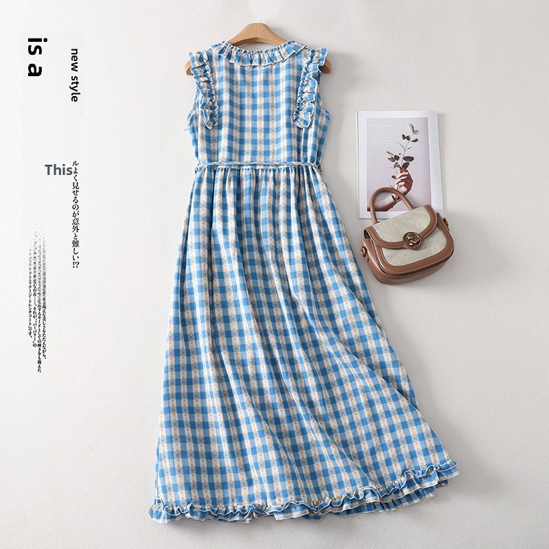 Robe d'été à carreaux pour femme, sans manches, taille haute, longue, pour les vacances à la plage, style urbain, mode streetwear