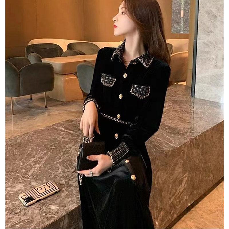 Robe longue en velours à col rabattu pour femmes, robes de longueur de document, monochromatique, haut de gamme, grande taille, 4XL, loisirs, dames, automne, nouveau